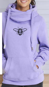 Crossover Neck Detail Hoodie in Lavender with Bee Design